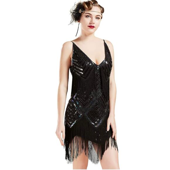 NWT Black BABEYOND Women's 1920s 30s Flapper V Neck Sequin Slip Dress X Large XL - Picture 1 of 6